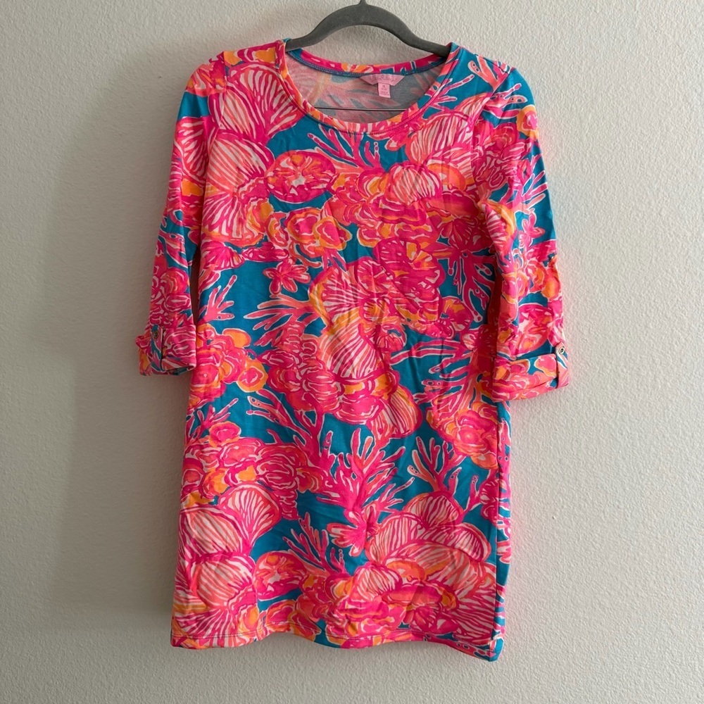 Lilly Pulitzer Girls Lena 3/4 Sleeve Shift Mini Dress Floral Size XL 12-14